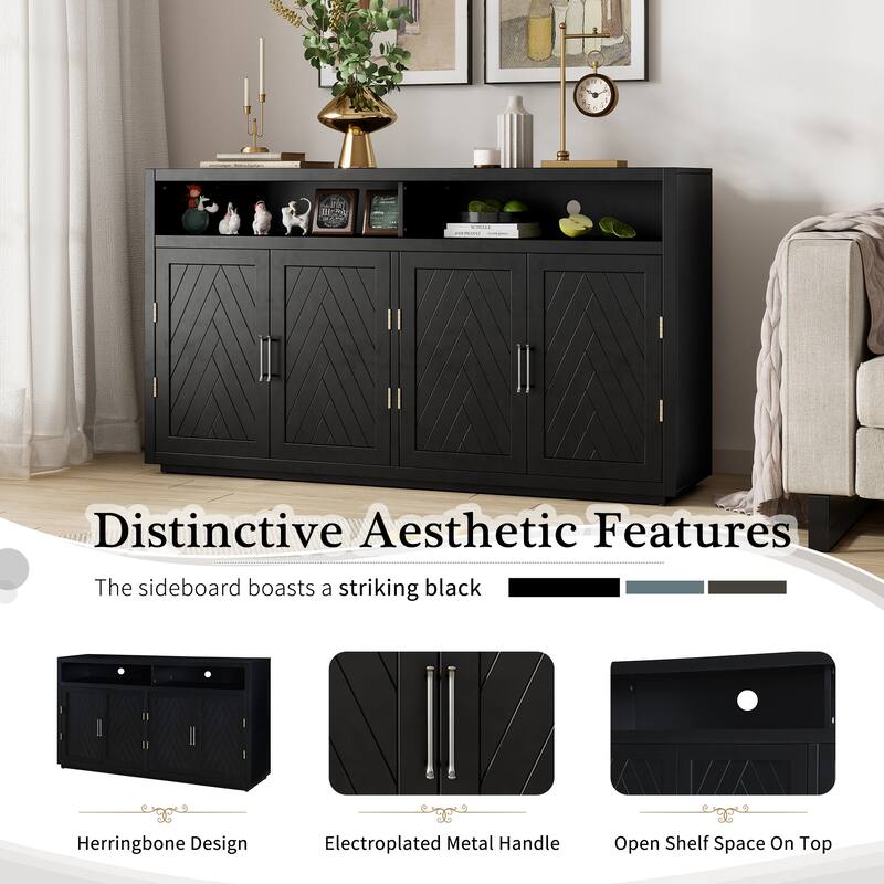 4 Door Sideboard with Open Storage and Adjustable Shelves