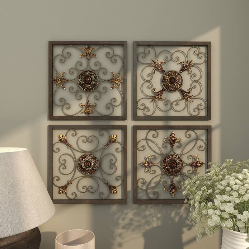Brown Metal Wire Scroll Fleur De Lis Home Wall Decor with Gold Accents (Set of 4)