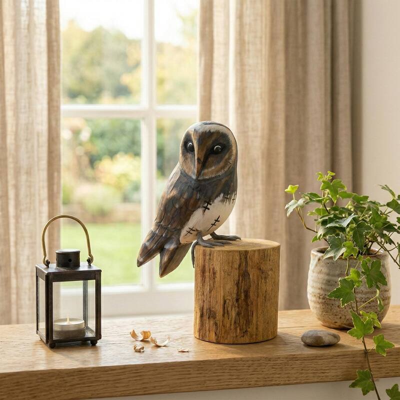 10" Wooden Hand Carved Barn Owl Standing on Log Statue Bird Figurine Sculpture Home Decor Accent Handcrafted Decoration Handmade