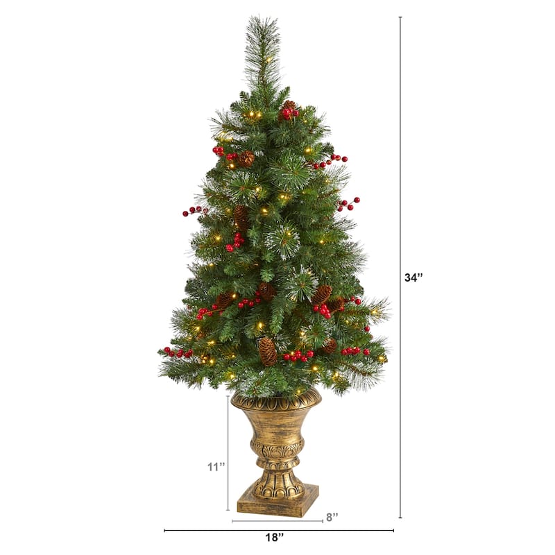 4Ft Christmas Tree with Lights - Pinecone & Berry Decor, Urn Base - Holiday Tree for Home & Office - Green - 50