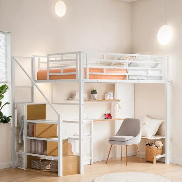 slide 2 of 32, Full Size Metal Loft Bed with Wardrobe, Desk, Storage Shelves White