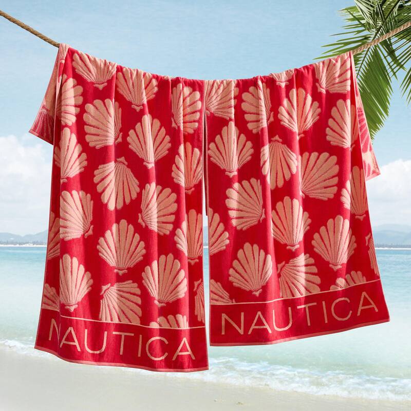 Nautica Printed Jacquard 2 Piece Beach Towel Set - 2 Piece - Seashell Seashore Pink