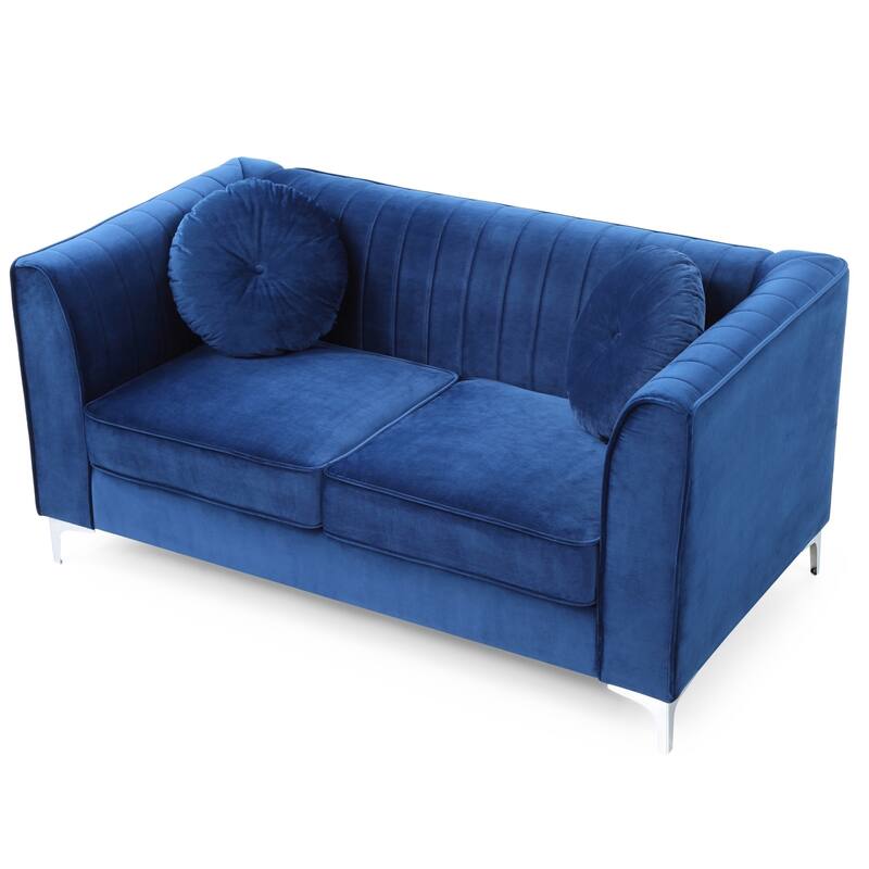 Velvet Microsuede Channel Tufted Loveseat with Throw Pillows - 65" - Blue