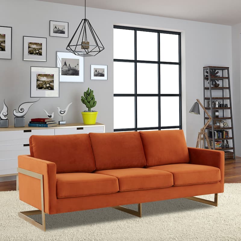 LeisureMod Lincoln Modern Upholstered Velvet Sofa with Gold Frame - 83"
