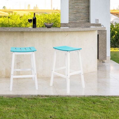 Aoodor Outdoor Bar Stools Set of 2, 28 Inch HDPE Patio Bar Height Saddle Stools with Footrest for Backyard