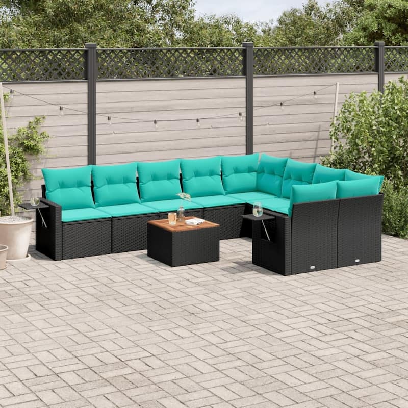 vidaXL 10 Piece Patio Sofa Set with Cushions Black Poly Rattan - 24.4" x 24.4" x 27.2" - Black  - form3