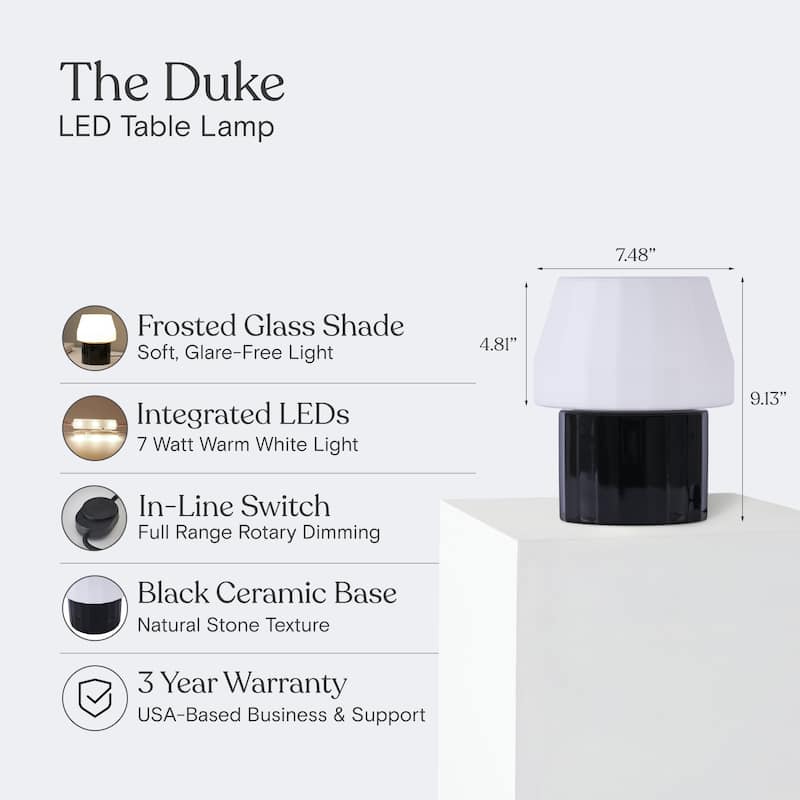 Brightech Duke 9.1 in Glossy Black Modern 7W 600Lm 2700K Dimmable Integrated LED Round Table Lamp With White Glass Unique Shade