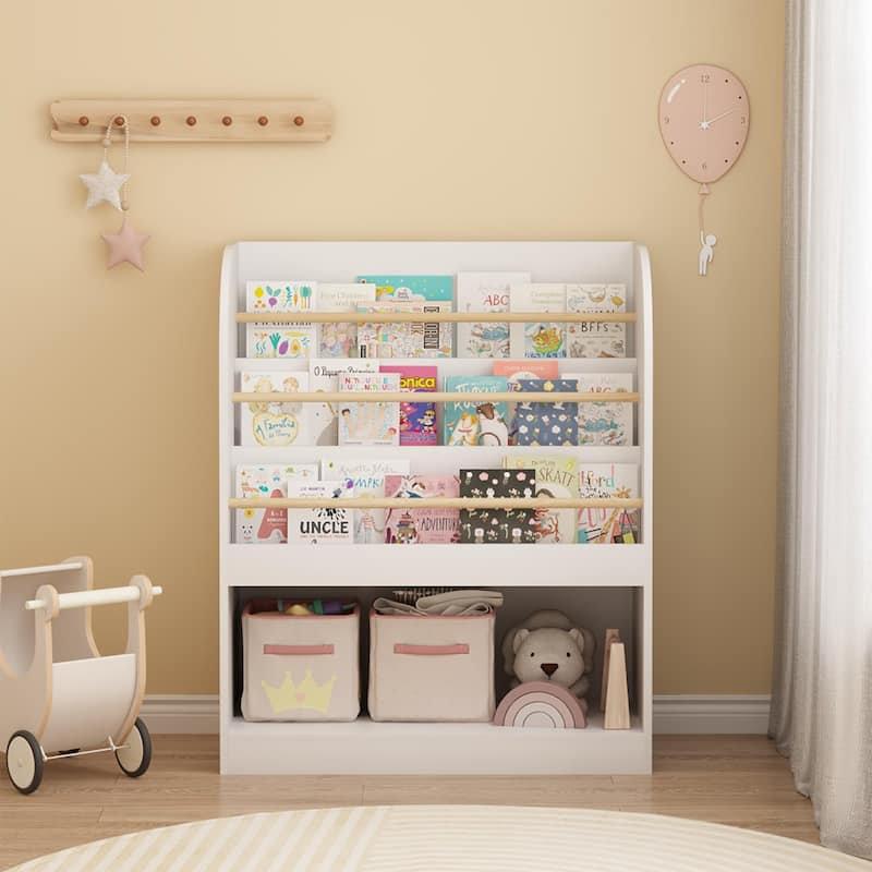 Anmytek 3-Tier Kids Bookcase with Storage Bin, Front-Facing Display for Toddlers, White with Wooden Guardrails