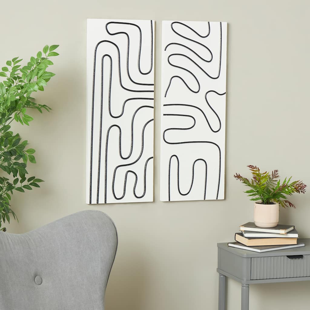 White Wood Geometric Decorative Wall Art with Black Accents (Set of 2)