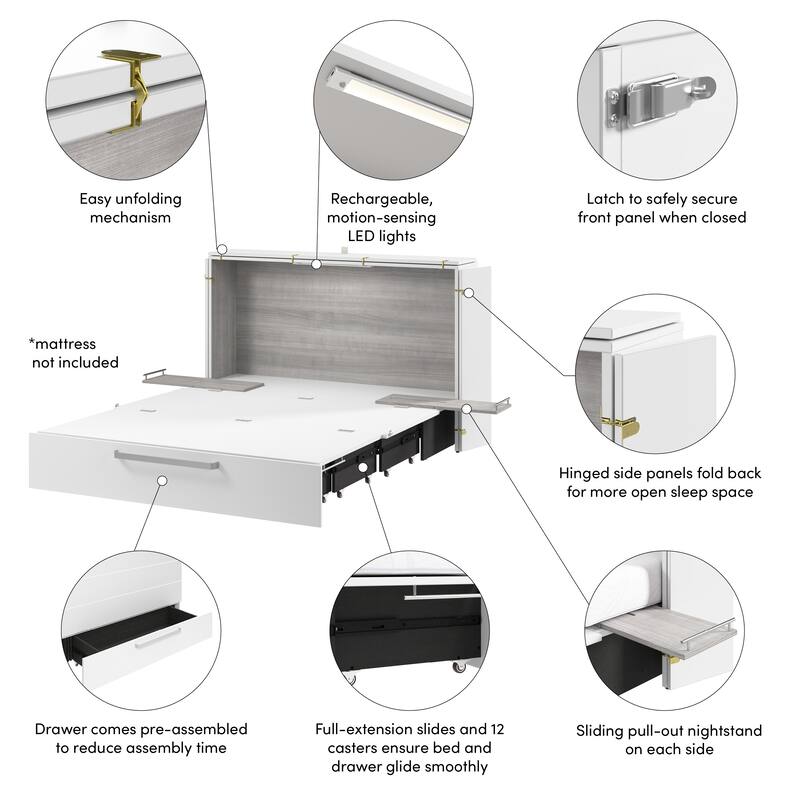 Bestar Borealis 63W Queen Murphy Cabinet Bed with Pullout Drawer