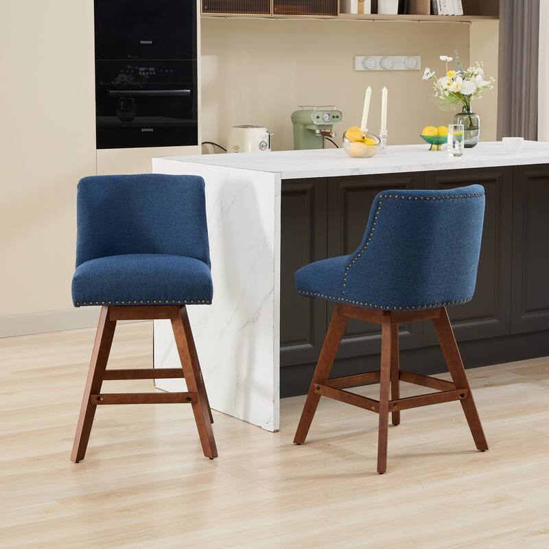 Counter Height Bar Stools Set of 2, Swivel Bar Stools with Curved Back, Upholstered Dining Chairs with Solid Wood Legs