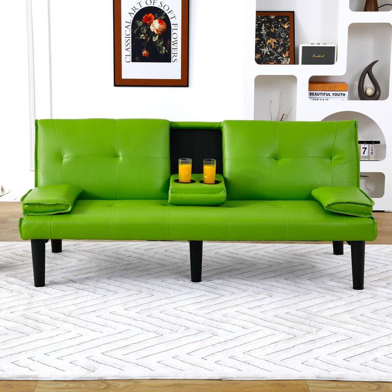 The 67-inch black PVC multi-functional sofa bed with a foldable and cup holder design
