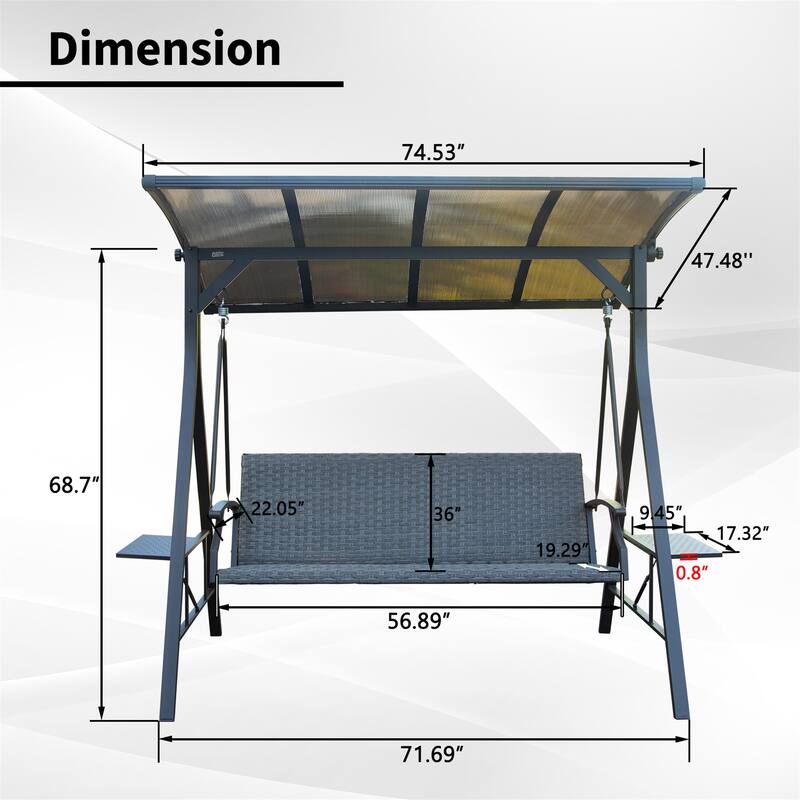 3-Seat Outdoor Porch Swing w/Adjustable Polycarbonate Hardtop and Side Table, Wicker Patio Swing Chair Bench with Steel Frame