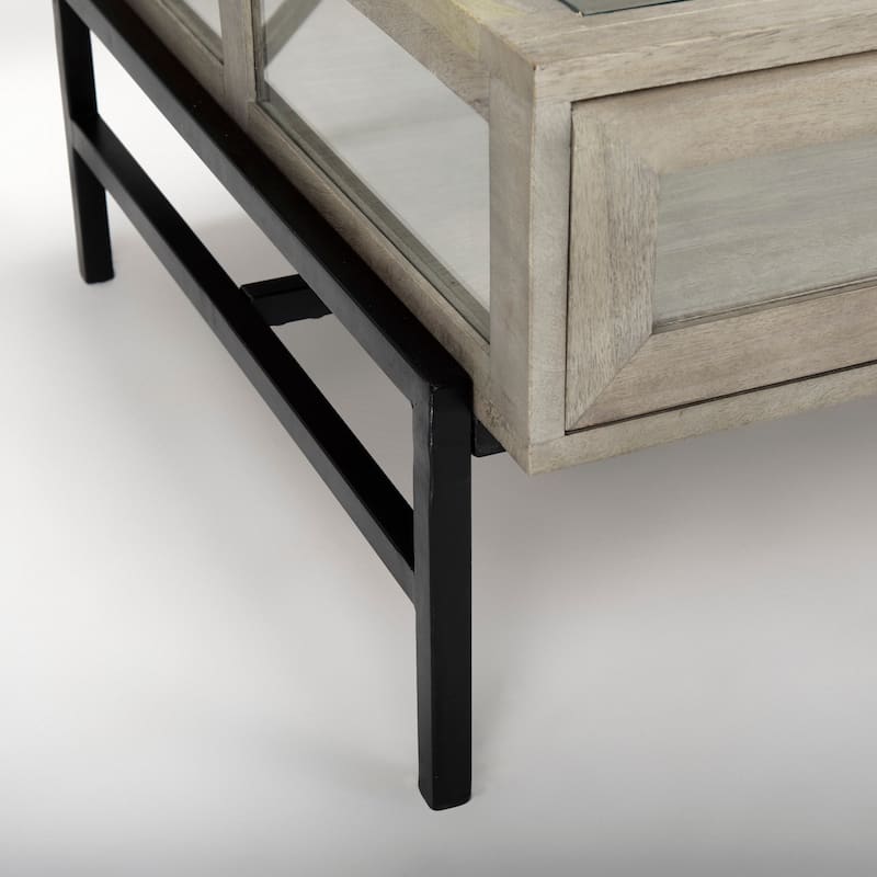 Arelius Glass-Top Gray Wood w/ Black Metal Base Rectangular Display Coffee Table