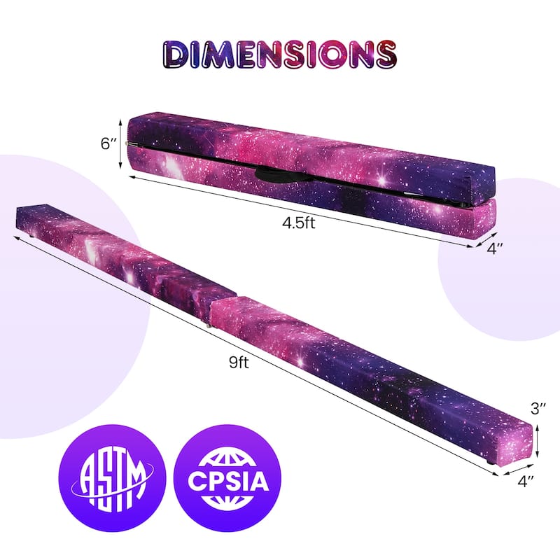 9 Feet Kids Balance Beam for Home Foldable Gymnastics Beam with Non-Slip Bottom and Wood Frame - 108” x 4" x 3" (L x W x H)