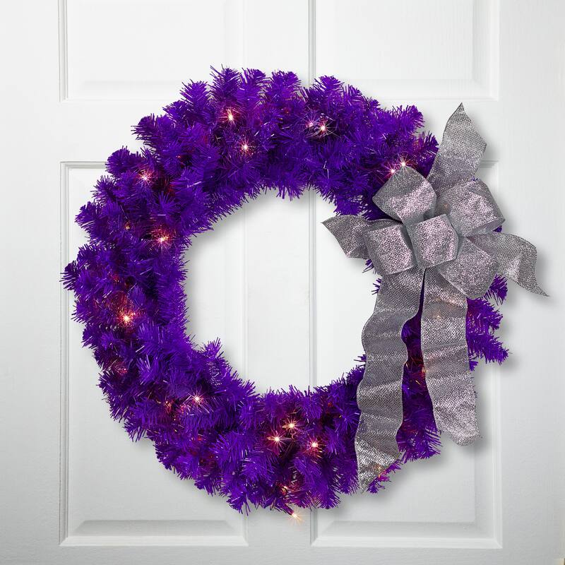 Pre-Lit Artificial Pine Christmas Wreath - 24" - Purple - Clear Lights