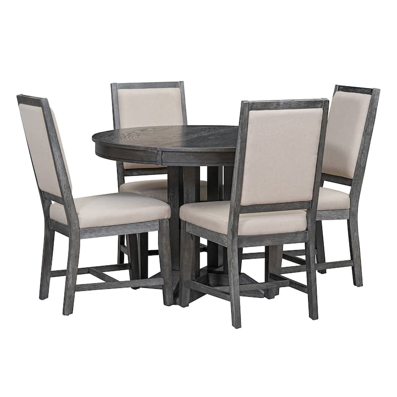 Farmhouse 5-Piece Dining Set with Extendable Round Table and 4 Upholstered Chairs for Kitchen or Dining Room