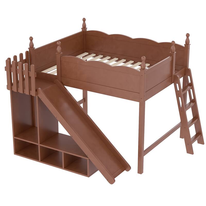 Full Loft Bed with Storage Shelves and Wardrobe, Solid Wood Loft Beds with Detachable Slide and Ladders, No Spring Box Needed