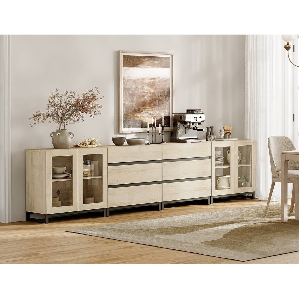 4 in 1 Modern Sideboard with Glass Doors and 6 Drawers Adjustable Shelves Coffee Bar Storage Cabinet for Living Room, Kitchen