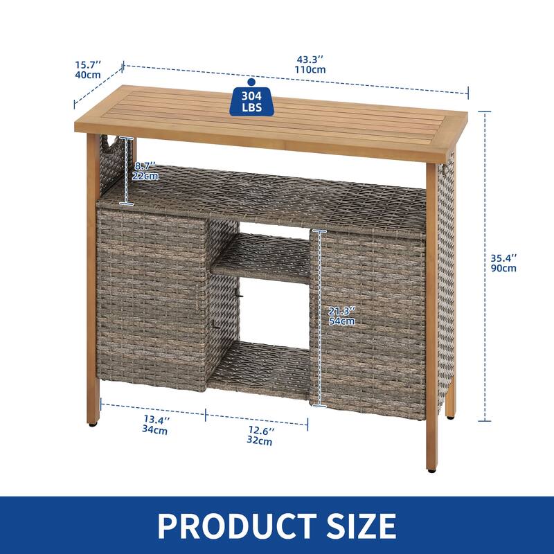 Moasis Wood and Wicker Outdoor Sideboard Storage Cabinet with Adjustable Shelves