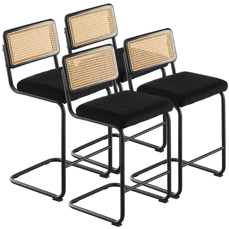 Velvet Upholstered Rattan Counter/Bar Stools, Set of 2/3 - Set of 4 - 26" Black