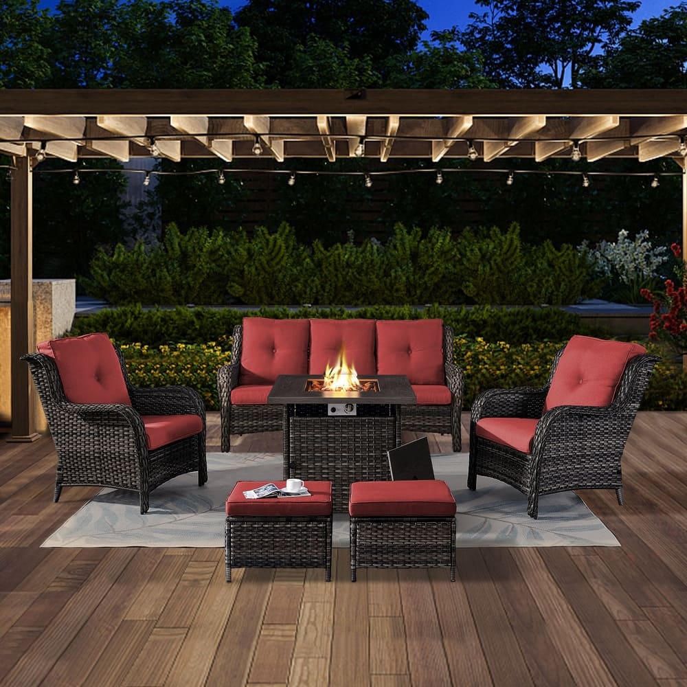 Gymojoy 6-Piece Outdoor Wicker Patio Furniture with Fire Pit Table, Rattan Coversation Set with Water Resistant Thick Cushions