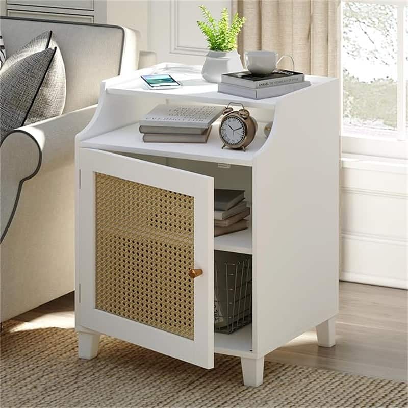 Nightstand with Rattan Door - white