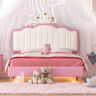 Twin size Upholstered Princess Bed With Crown Headboard, Light Strips