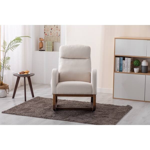 Solid Wood Rocking Chair Linen Armchair High Back Accent Chair Comfor