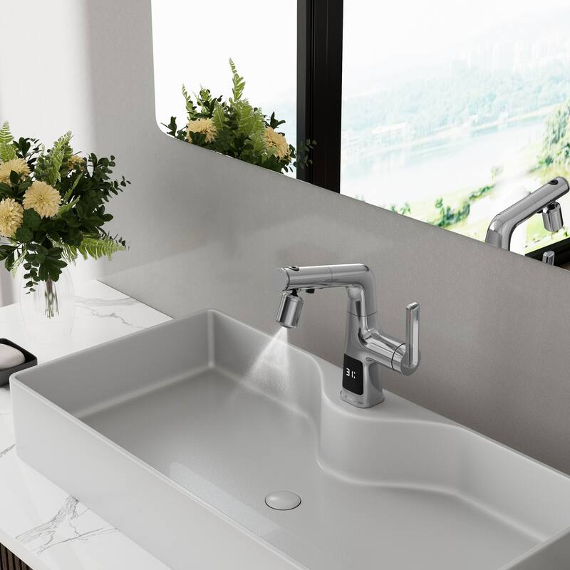 Modland 5-Way LED Bathroom Sink Faucet Single Hole with Pull Out Spray in White/Chrome