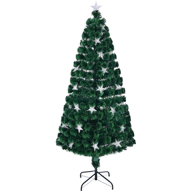 Artificial Christmas Tree, 6 FT Pre-lit Fiber Optic Christmas Tree with Metal Stand and Large Stars for Holiday Decoration