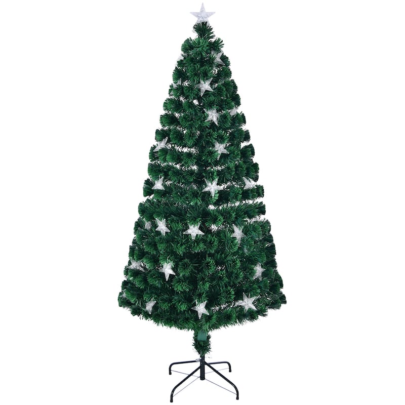 Holiday Decoration Tree, 7 FT Pre-lit Fiber Optic Christmas Tree with Metal Stand and Large Stars for Holiday Decoration