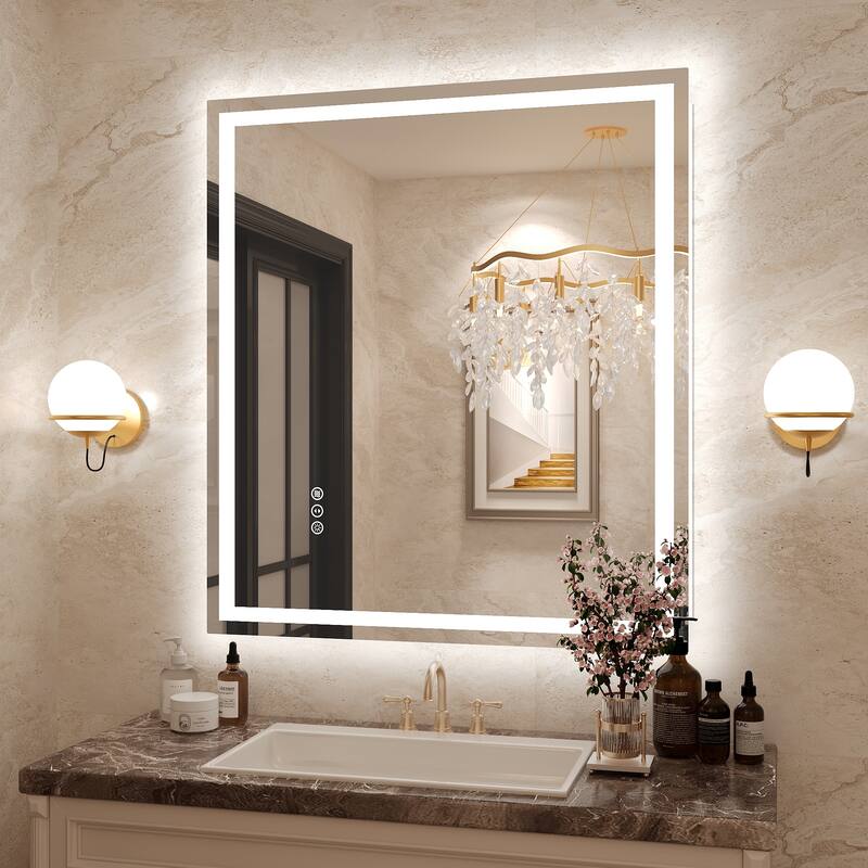 Frameless LED Front Light and Backlit 3 Colors Dimmable Anti-Fog Wall Bathroom Vanity Mirror - 36" x 32"-Square Corner