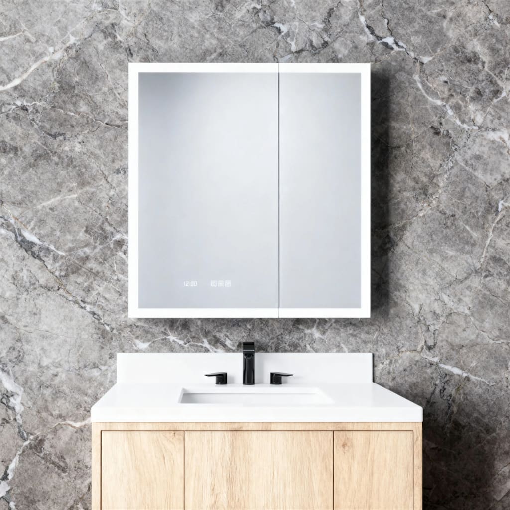 GDFStudio - Delmar Modern Aluminum LED Lighted Medicine Cabinet with Mirror Anti Fog and Digital Clock