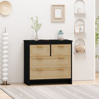 Natural Rattan Dresser with 4 Deep Drawers and Large Tabletop for Home Organization
