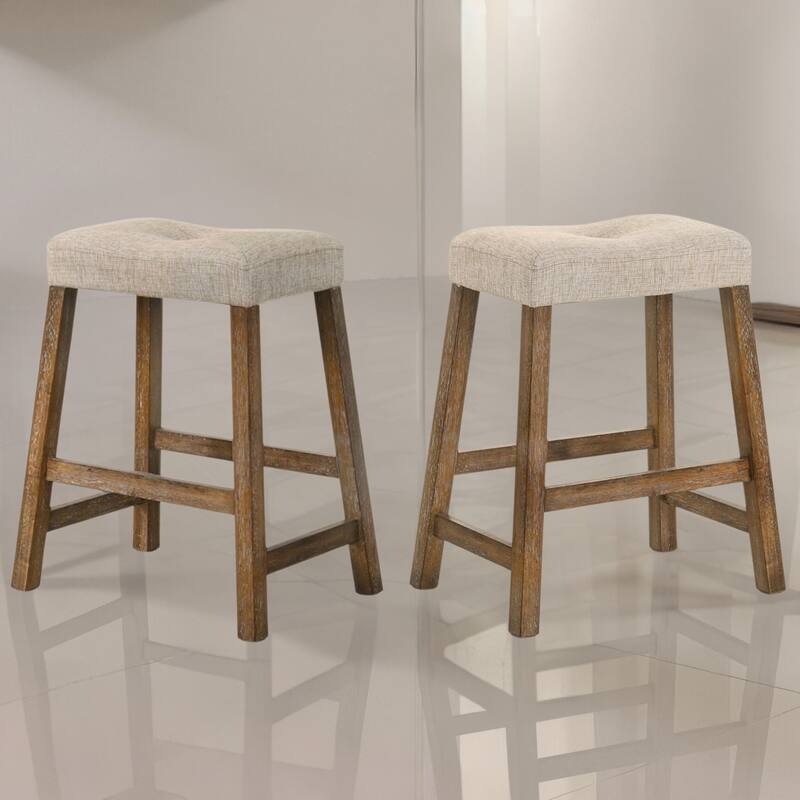 Rustic Backless Counter Stool Set Of 2-25 Inch Wooden Farmhouse Barstool With Leather Seat,Distressed Finish & Sturdy Frame - Driftwood