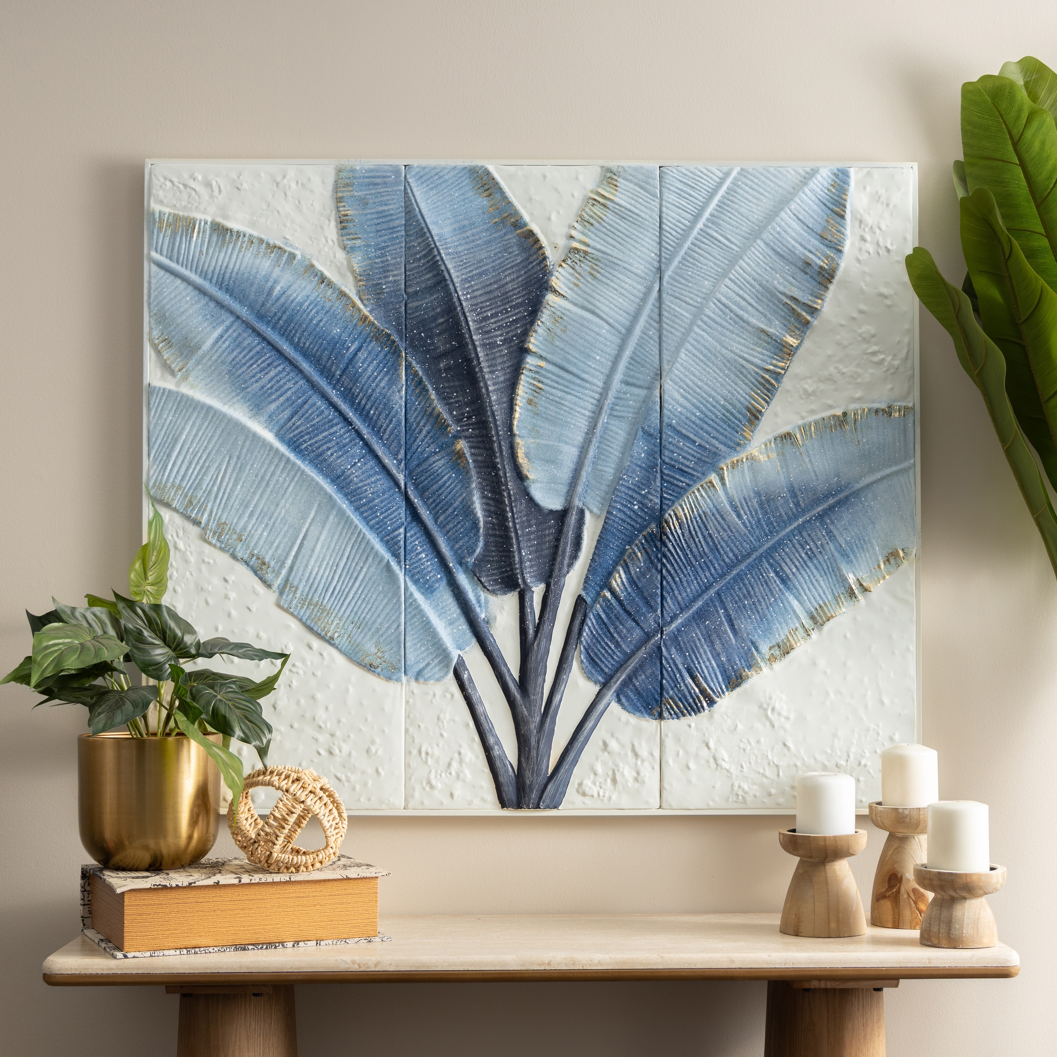 Blue Metal Leaf Palm Tree Home Wall Decor with Gold Foil Accents and White Speckled Details