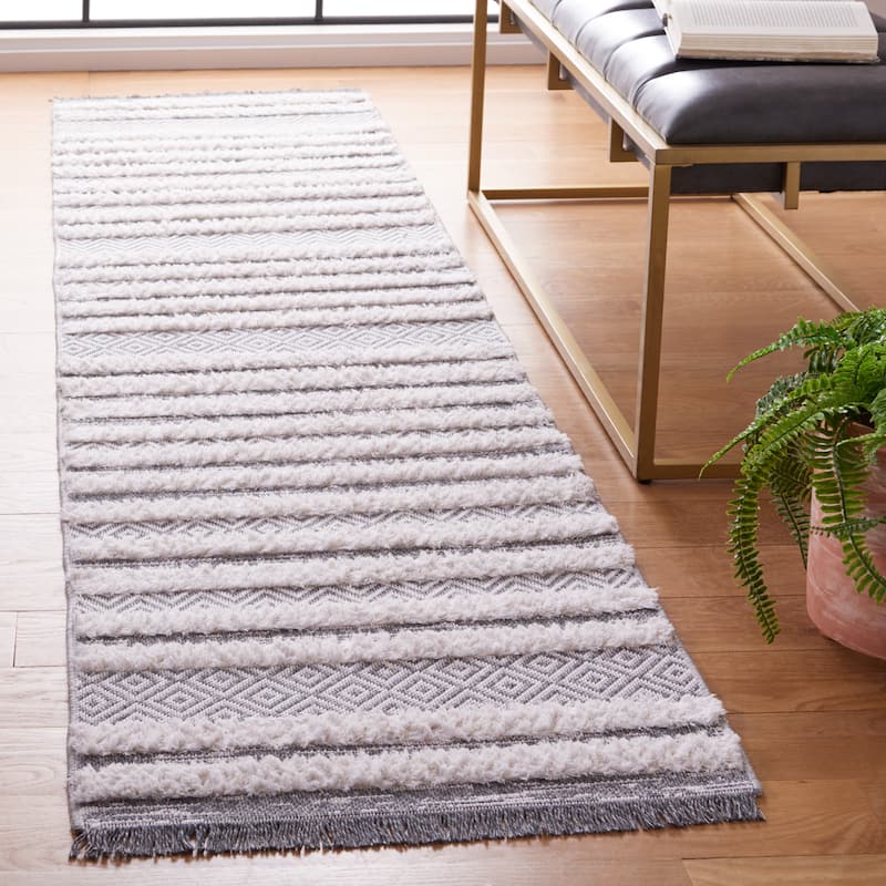 SAFAVIEH Augustine Zoulikha Stripe Fringe Rug - 2' x 9' Runner - Grey/Ivory