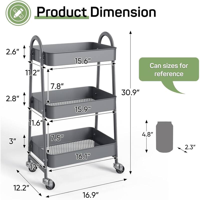 3 Tier Utility Rolling Cart, Metal Storage Cart, Storage Organizer Trolley for Kitchen, Living Room, Office, Garage