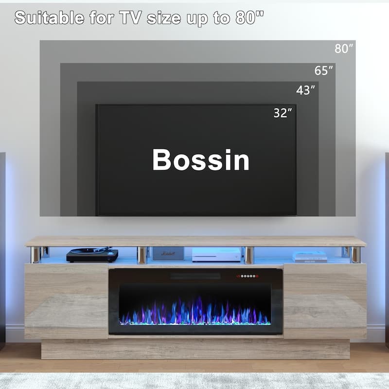 BOSSIN 70" Modern Electric Fireplace TV Stand, with Electronic Flame and LED Lights, High Gloss Finish Entertainment Center