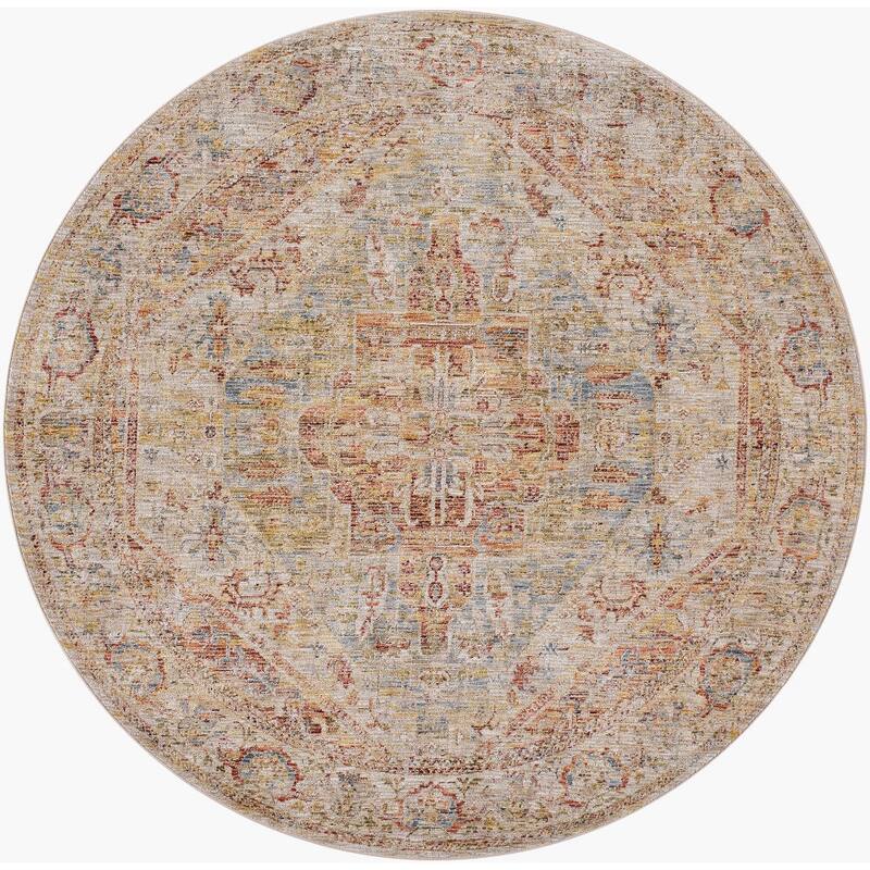 Livabliss Traditional Naila Medallion Area Rug - 7'10" x 7'10" Round - Beige/Blue