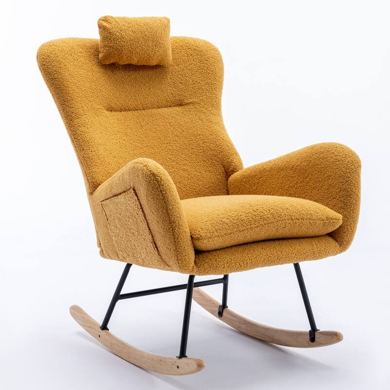 Teddy Fabric Wingback Rocking Chair for Nursery with Safe Solid Wood Base