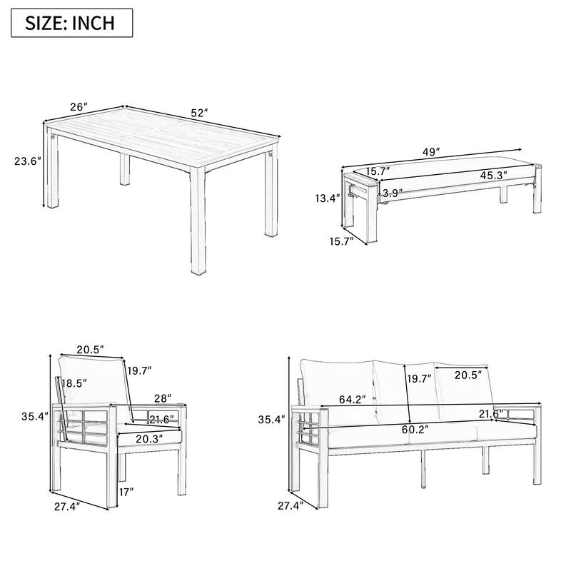 5-Piece Iron & Wood Patio Conversation Set with 3-Seat Sofa