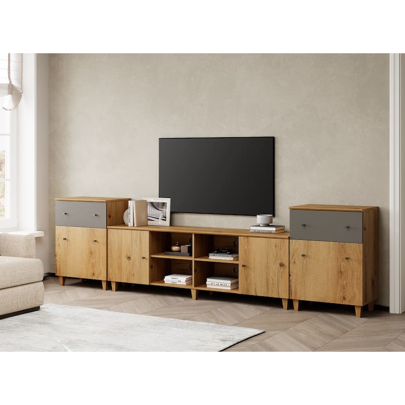 WAMPAT 3 in 1 TV Stand with Cabinets and Drawers for 75 inch TVs - Oak Brown