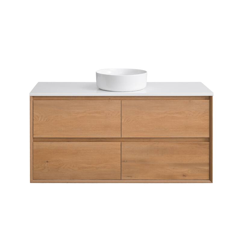 Sylphar 48 inch Toffee Oak Floating Bathroom Vanity with White Quartz Top - Round Sink Style