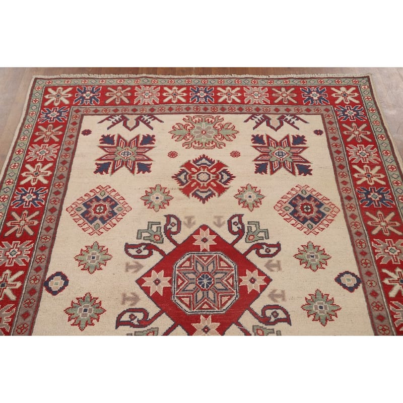 Ivory Geometric Kazak Area Rug Hand-Knotted Wool Carpet - 4'10" x 6'5"
