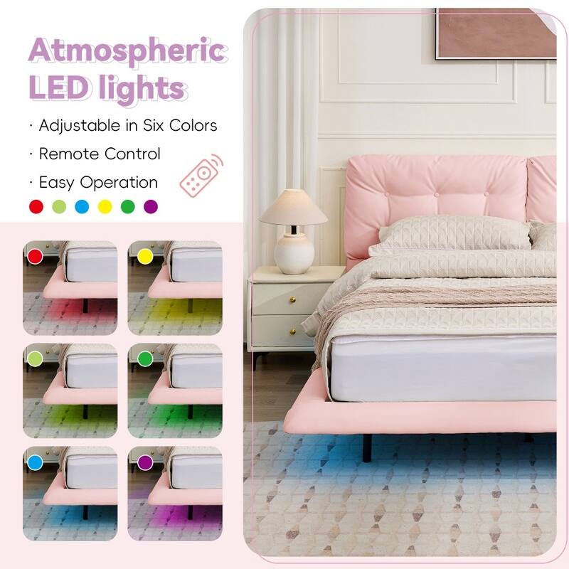 Queen Size Upholstered Floating Platform Bed Frame with LED Lights with Button-tufted Headboard