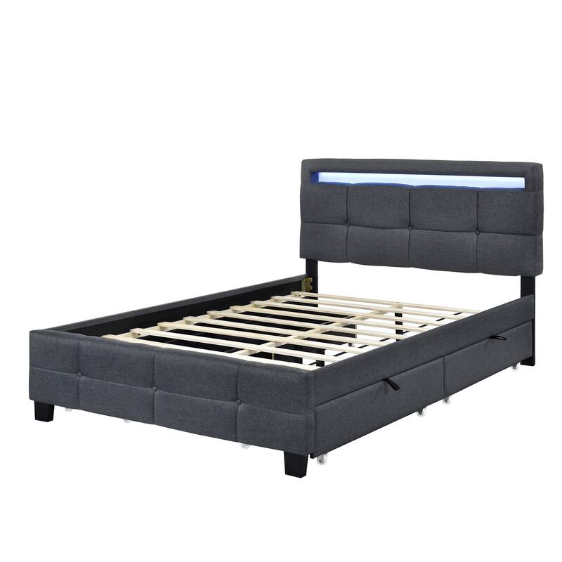 Linen Upholstered Platform Bed Frame with LED Light Headboard & 2 Drawers