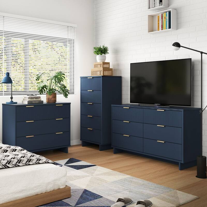 Manhattan Comfort 3-Piece Granville Modern Solid Wood Tall Chest Double Dresser Set - Midnight Blue