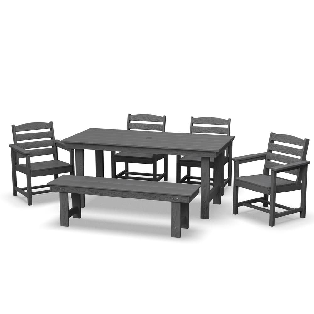 6-Piece HDPE Outdoor Dining Table Sets with Umbrella Hole - 1-Table 4-Chairs-1-Bench